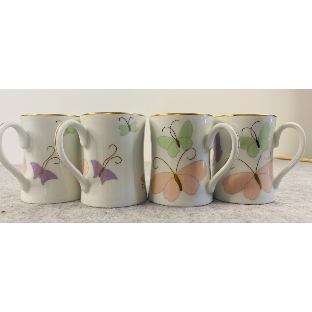 Fitz and Floyd Butterfly Borealis‎ Set of 4 Gold Trim Butterfly Design Mugs VNTG